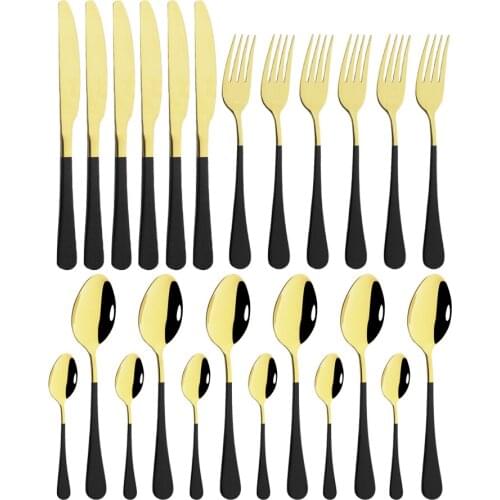 24Pcs/set Stainless Steel Dinner Black Gold Dinnerware Set Knife Fork Coffee Spoon Cutlery Set Kitchen Tableware Silverware Sets