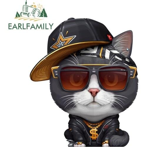 EARLFAMILY 13cm x 10.7cm for Cat Hip Hop Car Stickers Vinyl Material Decals Waterproof Skateboard Occlusion Scratch DIY Decor