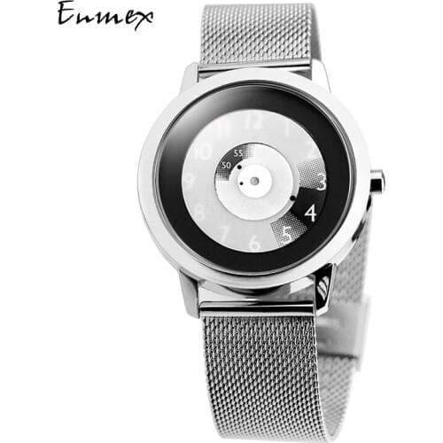 2020 Enmex creative style steel band wristwatch Truth in fiction special design discs hands fashion brief casual quartz watch
