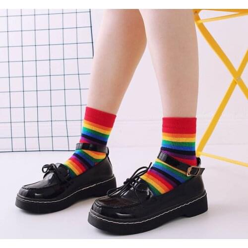 Lovely Rainbow Color Striped Printed Cotton Socks For Women Retro Harajuku Casual Socks Fashion Ladies Novelty Socks Female Sock