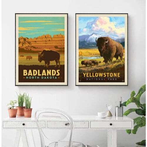 Badlands North Dakota Poster and Yellowstone National Park American Bison Canvas Prints Pictures For Living Room Home Decor