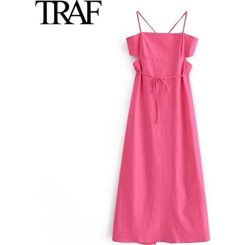 Traf Za Women Fashion Pink Sleeveless Dress Sexy Backless Bandage Dresses Summer Linen MIDI Dress Vestidos Mujer
