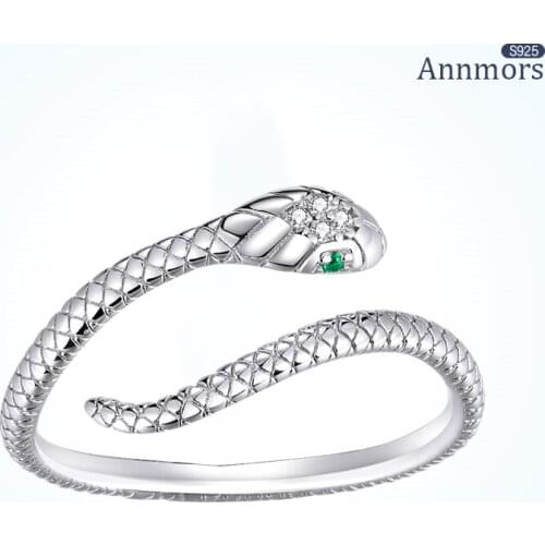 Adjustable Open Rings Simulation Bending Textures Snake 925 Sterling Silver Original Green Zircon Retro Rings Fine Jewelry Gift