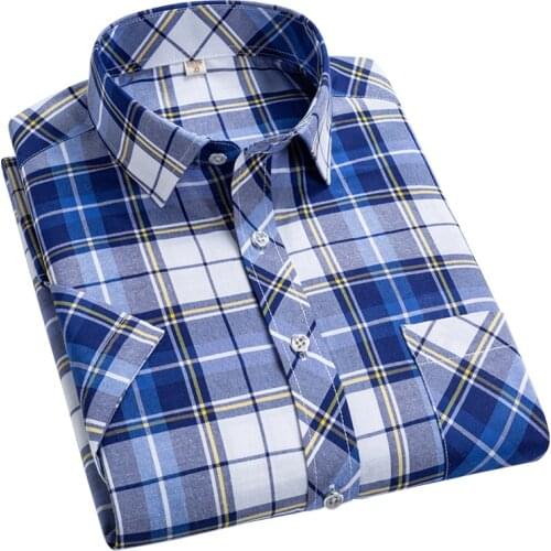 Aoliwen brand Men Shirt Plaid Short Sleeve Dress Striped Formal Shirt 2021 Summer Casual Slim Fit Pocket High Quality Business