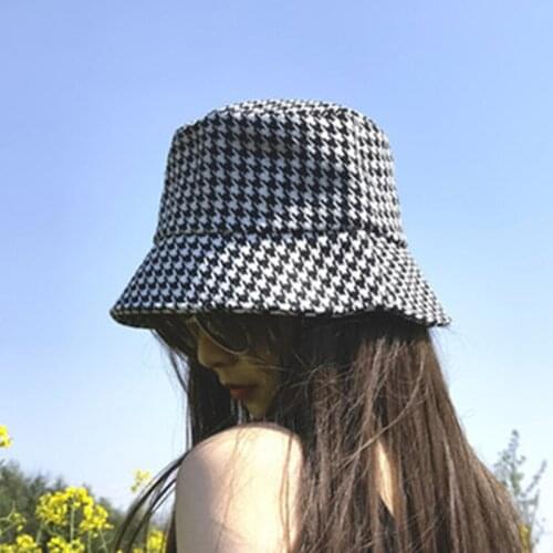 Richkeda Store New 2021 Bucket Hats Summer Spring Foldable Houndstooth Plaid Women Hats Fisherman Sun Protection Black Khaki