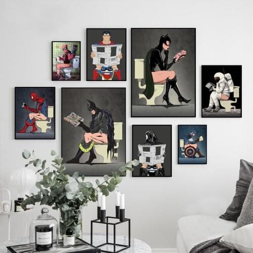 Modern Washroom Restroom Decor Comic Book Hero Figure Read Magazine In The Toilet Painting Poster Print Marvel Wall Art Pictures