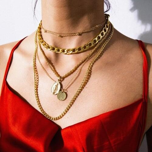Vintage Multilayer Chains Necklace Punk Exaggerated Thick Chain Goddess Coin Necklace Women Geometric Clavicle Necklace Jewelry