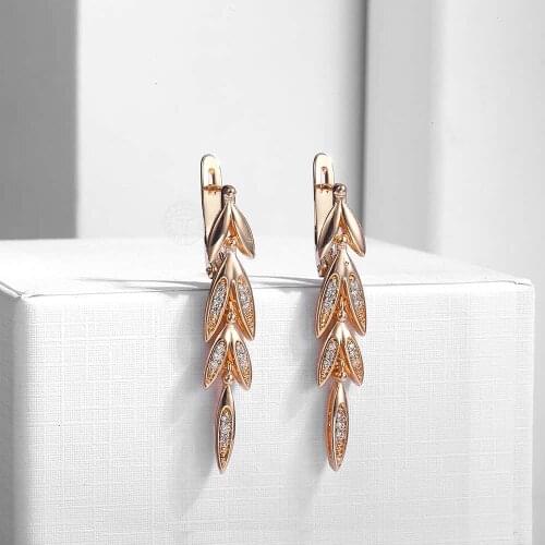 Drop Dangle Earrings for Womens Girls 585 Rose Gold Filled Leaf Shaped Earrings Paved CZ GF Valentine Gifts Jewelry LGE88A