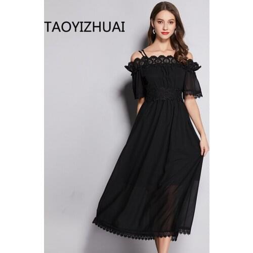 TAOYIZHUA Summer New Arrival Casual Style Strapless Black Plus Size Half Sleeves Mid-calf Elegant Chiffon Long women Dress11760
