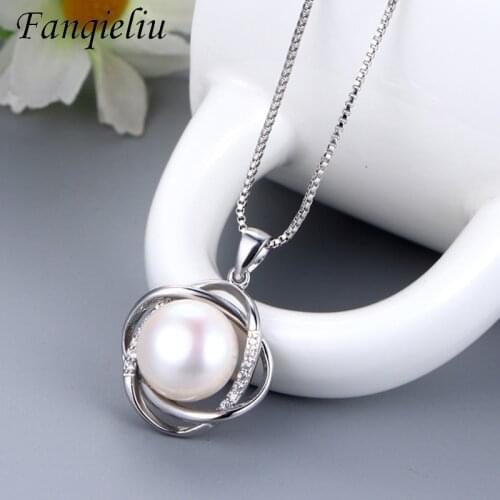 Fanqieliu Natural Freshwater Pearls Pendant Necklace With Crystals Real 925 Sterling Silver Necklaces For Women FQL21153