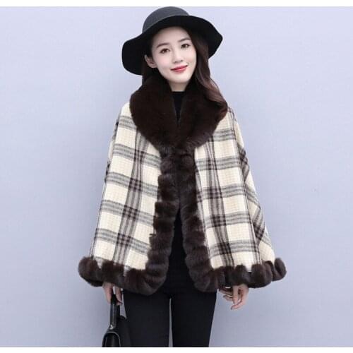 Winter womens new style plaid cloak shawl thick fur collar woolen coat jacket