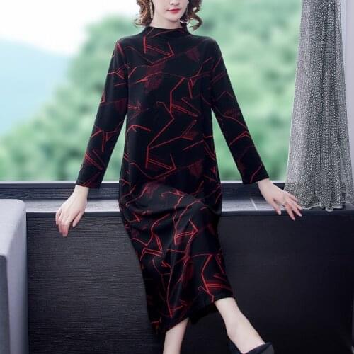 Winter Vintage Print Thickening Warm Dresses Autumn Loose Casual 4XL Plus Size Long Sleeve Dress Elegant Women Bodycon Vestidos