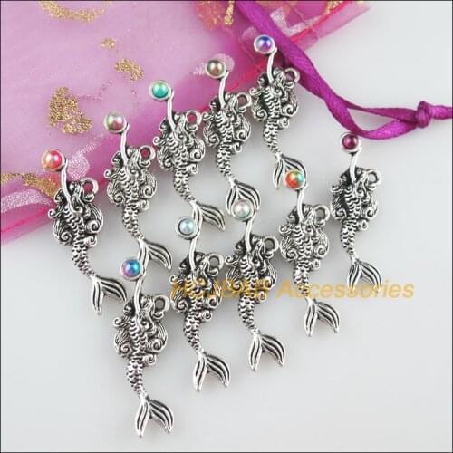 10 New Mermaid Charms Mixed Acrylic Animal Pendants Tibetan Silver Tone 10x32.5mm