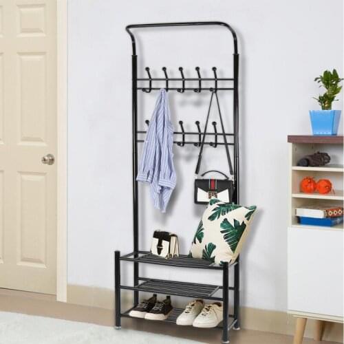 185cm Simple Multi-Hook Clothing And Shoes Stand Rack Wood 3LayerShoes Storage Hat Cloth Bag Coat Hanger Floor Standing Rack HWC