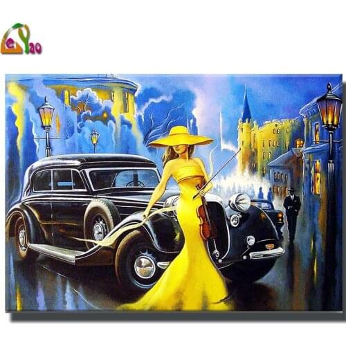 5d Diy Diamond Embroidery Retro Black Car and Woman in Yellow Full Diamond Painting Cross Stitch Full Drill Square Home Decor