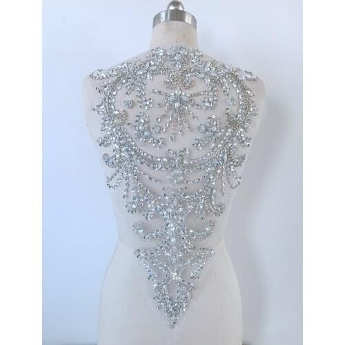 Handmade white Hot drilling Rhinestone pearl lace embroidery patch applique wedding dress bordados DIY Performance clothing