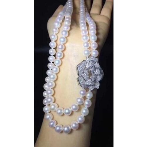 Free shipping 2 strands 7-8MM White pearl Jewelry zircon flower Hot sell necklace