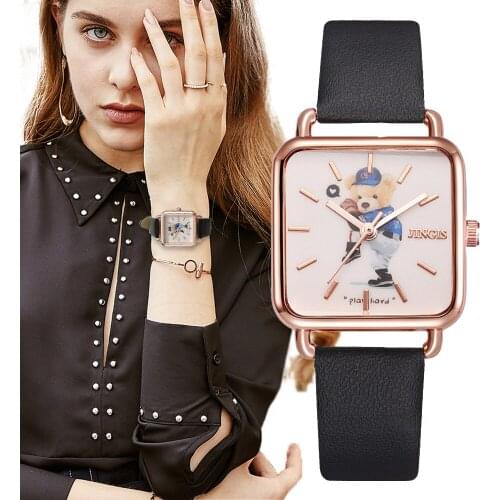 Women Fashion Small Pudding Bear Square Design Watches 2021 Brand Retro Black Ladies Wristwatches Casual Female Quartz Leather