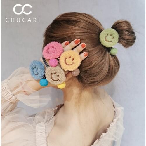 CHUCARI Korean Women Girl Cute Plush Smiley Face Elastic Hair Bands Ponytail Holder Sweet Headband Fashion Hair Accessories Tool