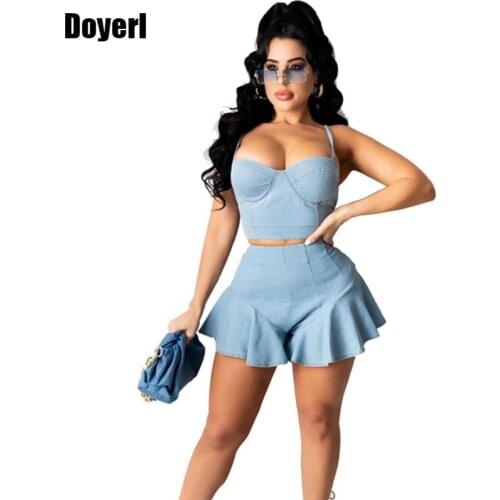 Denim Sexy Two Piece Skirt Set for Women Summer Clothes Crop Tops and High Waist Mini Skirt Suits 2 Piece Club Outfits for Women