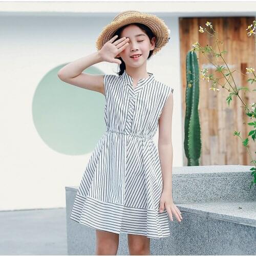 YourSeason Cotton Girls Dress Korean Baby Stripe Kids Shirt Dress White and Black Children Sundress Buttons 4 To 14 Years