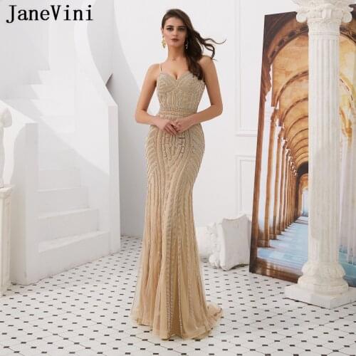 JaneVini Luxury Champagne Full Beaded Formal Evening Dresses Robde de Soiree Mermaid Sexy Spaghetti Straps Tulle Long Prom Gowns