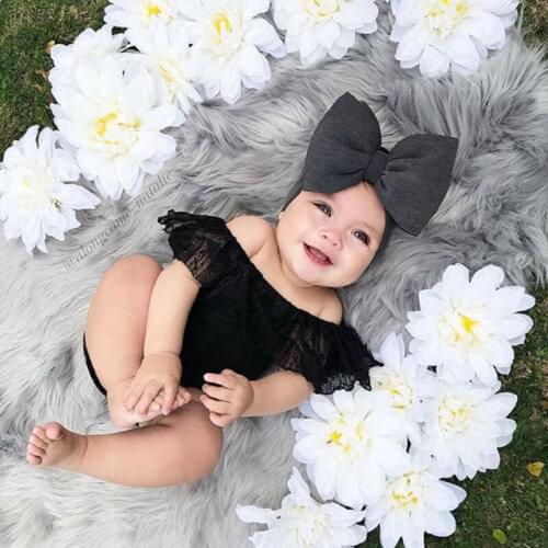 Pudcoco Newborn Baby Girl Clothes Set Kids Lace Black Off Shoulder Bodysuit Shirt + Headband Summer Infant Outfit