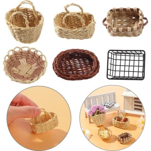 1/12 Dollhouse Furniture Storage Basket Mini Vegetable Food Hand-woven Iron Frame Dolls Accessories Play House Miniature Decor