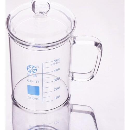 Beaker in low form with glass handle and no spout,500ml,Outer diameter=90mm,Thickness=3mm,Height=120mm,Laboratory beaker
