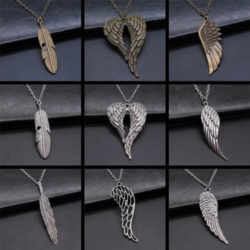2 Colors Antique Silver Color Antique Bronze Color Bird Wings & Feather Pendant Necklace Gift For Women Men Girl Boy Metal Chain