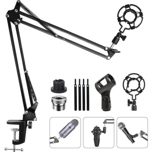 Upgraded Adjustable Microphone Suspension Boom Scissor Arm Stand with Shock Mount Mic Clip Holder 3/8’’ to 5/8’’ Screw Adapter