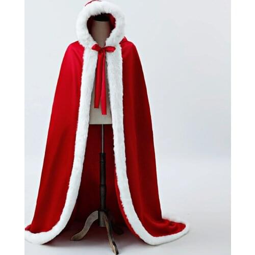 Red Women Warm Faux Fur Trim Winter Bridal Cape Long Wedding Cloaks Hooded Christmas Thermal Thicken Outdoor Lady Rolled Cloak