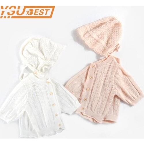 New 2021 Spring Autumn Sweater Coat Long Sleeves Knit Openwork Jacket With Hat Knitted Newborn Baby Girls Knitwear Jackets