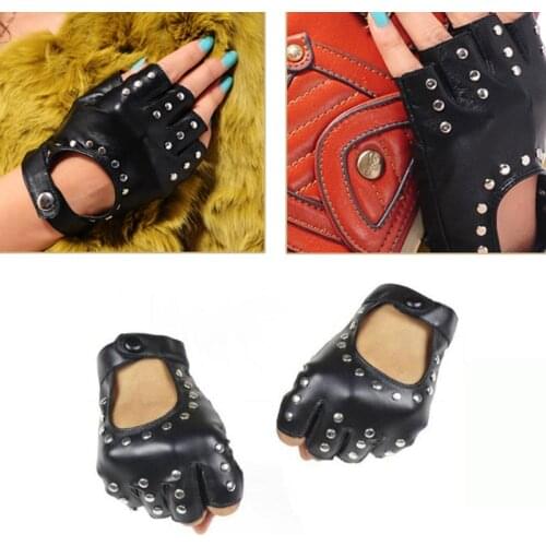 Long Keeper Women Rivets PU Leather Gloves Semi-Finger Mens Rivet Belt PU Gloves Sexy Cutout Fingerless Gloves Female Luva G221