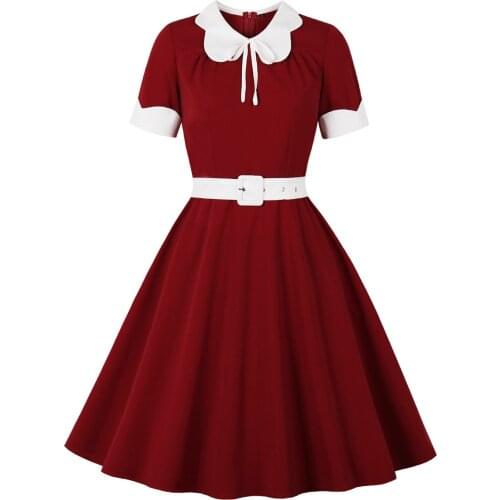 Retro Rockabilly Dark Red Solid Tunic Dress With Belt Peter Pan Collar 60s Sundress A Line Summer Swing Cotton Elegant Dresses