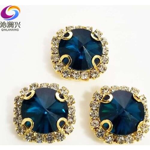 Peacock blue Round shape top glass crystal rhinestones with hole,golden bottom sew on stone for Diy Clothing accessories