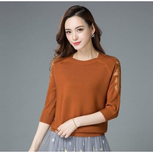 Womens Summer Hollow T-shirt Round Neck Three-quarter Sleeves Ice Silk Solid Color T-shirts Female Thin Bottoming Top H9240