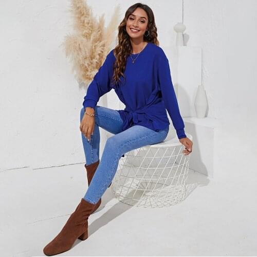 2021Autumn Casual Simple Lace Up Office Ladies T-shirt Fashion O Neck Long Sleeve Solid Slim Pullover Women chic Tops Ropa Mujer