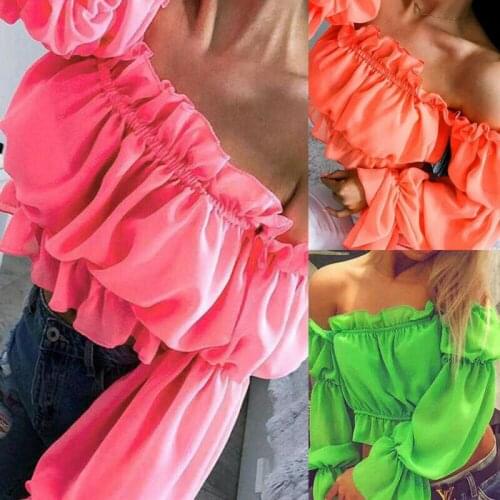 New Fashion Womens Chiffon Long Puff Sleeve Off Shoulder Crop Tops Blouses Loose Casual Blouse Lady Sexy Hot Sale Corp Top Shirt