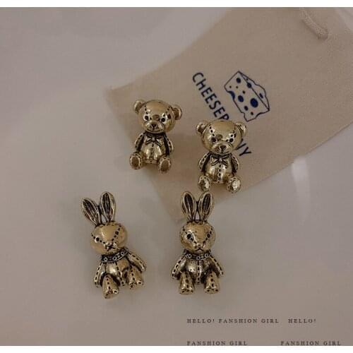 Korean Fashion Jewelry for Women 925 Silver Sterling Adorable Adventurous Bunny Rabbit Bear 14k Gold Stud Earrings for Women