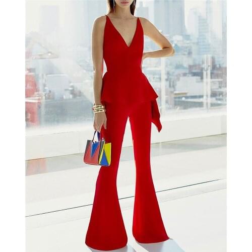Red Luxury Celebrity Sexy Strap V-Neck Ruffles Falre Fashion Rompers Womens Jumpsuits Night Club Party Jumpsuits
