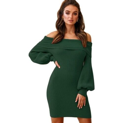 Womens Sexy Hip Knit Strapless Lantern Sleeve Short Dress Ladies 2021 Autumn Winter New Ribbed Sweater Dress Fashion Ladies