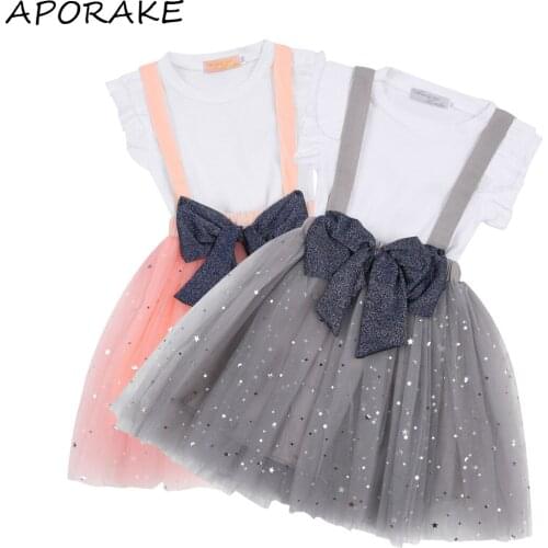 2021 2-8Y Princess Kids Baby Girls Clothing Short Sleeve White Solid Color T-shirt+Straps Stars Sequins Tulle Skirt Party 2pcs