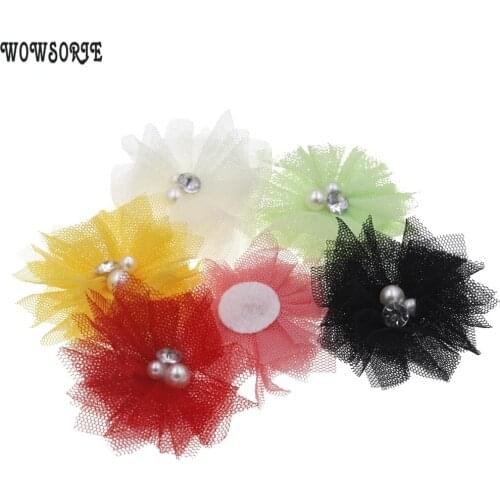 5cm Mesh with Pearl Flower Kids DIY Flower Accessory Without Headband No Hair Clips Fabric Flowers Hair Accessories 15pcs/lot