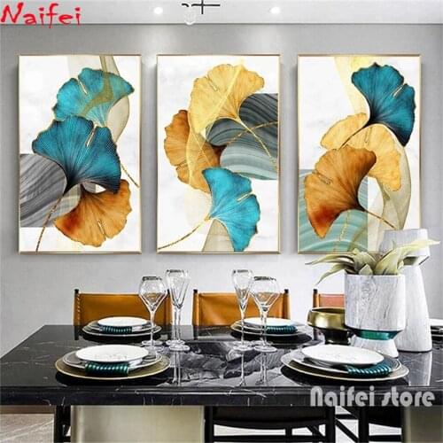 DIY Diamond Painting Blue Green Yellow Gold Plant Leaf Abstract Wall Art Full Square Round Drill Embroidery Cross Stitch Mosaic