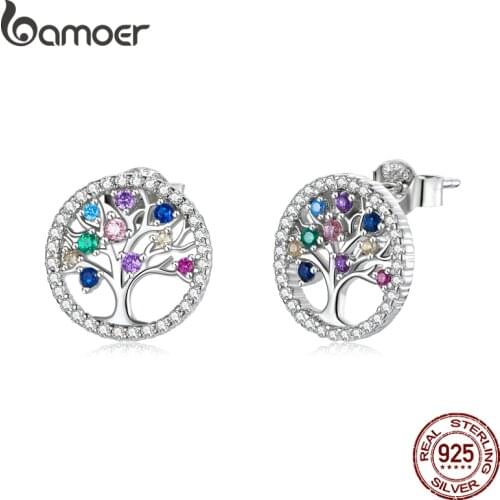Bamoer Authentic Colorful Tree of Life 925 Sterling Silver Earring Stud Statement Fashion Jewelry Bijoux BSE497