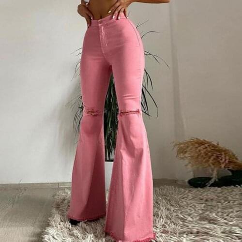 Trousers Popular Sexy Mid Waist Ripped Flared Jeans Skin-friendly Lady Jeans Wide Leg for Daily Wear