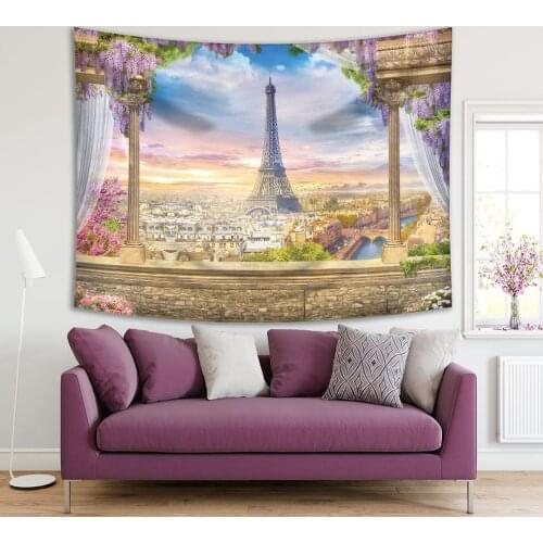 Tapestry Panoramic View of Sunrise Eiffel Tower from Terrace Colorful Sky Lilac and Pink Flower Europe Paris Historic Landmark