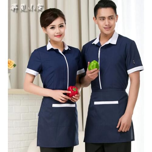 Summer waiter workwear set men short sleeve Hotel staff uniforms womens coffee shop blue cheap work shirt and Apron 2piece sets