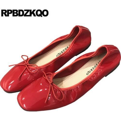 Red Patent Leather Ballerina Bow Bowtie Blue Candy Square Toe Soft Ballet Flats Women Kawaii Slip On Shallow 2019 Shoes Chinese